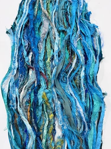 Maker's Craft Recycled Fuzzy Fringes Sari Silk Ribbon Yarn 35yards, 100Grams for DIY Knitting Crocheting Gift Wrapping, Christmas Decoration, Macrame Makers, Jewelry Making, Rugs Hooking (Aqua)