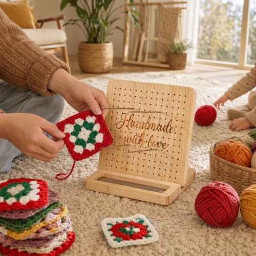 Bamboo Crochet Blocking Board with Stand, Pegs & Metal Pins, Granny Square Yarn Tool, Crochet Accessories for Knitting, Quilting Squares & Crocheter Gifts (Natural, Small)