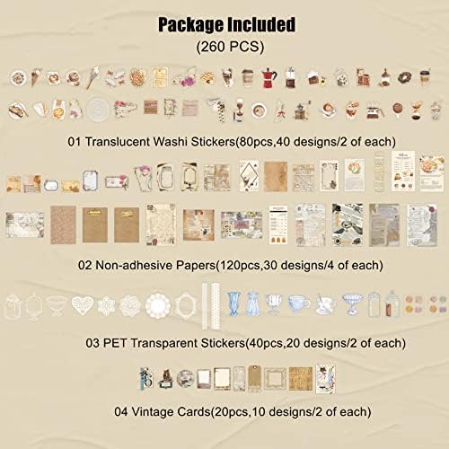 Esweny 260PCS Vintage Journaling Scrapbooking Supplies Scrapbook Sticker Paper Ephemera Pack for Junk Journal Planners Collage Craft Notebooks Album (Coffee and Bread)
