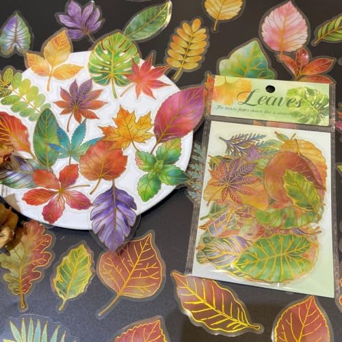50PCS Clear Gold Foil Leaf Stickers, Autumn Leaf Stickers | Transparent Stickers for Junk Journal, Scrapbook Supplies for Card Making, Planner, Envelope, DIY Crafts, Water Bottle Decors