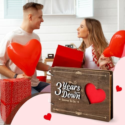 CY2SIDE 3 Years Anniversary Couple Scrapbook - 111PCS 3 Years Down Wooden Photo Album Scrapbook Craft Kit with Heart Puzzle Brown Paper Sticker and Template for DIY Dating Gift for Him Her