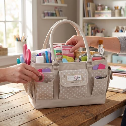 Everything Mary Deluxe Store & Tote Organizer – Tan Dot Craft Tote with Handle – Art Supply Caddy for Sewing, Scrapbooking, DIY Projects & Creative Tool Storage