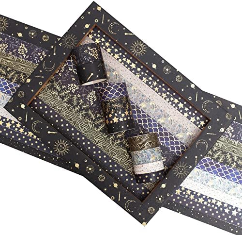 Creative Washi Tape Set 10 Rolls Gold Foil Print Decorative Masking Tapes for Arts, DIY Crafts, Journals, Planners, Scrapbook, Wrapping (Black Mashup)