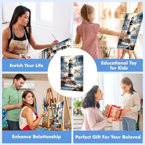 Bowetile Framed Paint by Numbers Lighthouse for Adults Beginners, Adults' Paint-by-Number Landscape Kits, Easy Adult Paint by Number Kits on Canvas, Acrylic Number Painting for Home Decor, 8x12in