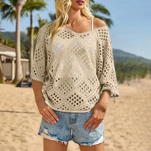 Bohemian Crochet Tops for Women 3/4 Sleeve V-Neck Open Knit Pullover Beach Cover Ups Hollow Out Boho Vacation Blouse
