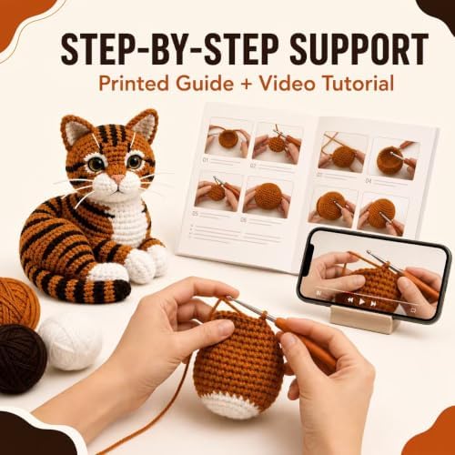 Crochet Kit for Beginners Orange Tabby Cat DIY Animal Set with Video Guide
