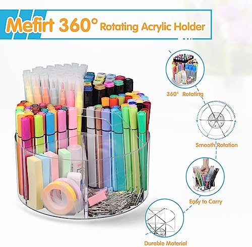 Mefirt Acrylic Pen Holder, 360 Degree Rotating Pen Organizer, Rotating Desk Acrylic Office Organizer with 6 Compartments, Marker Organizer for Kid, Crayon Caddy School Art Supply Storage Organizer