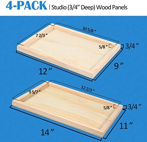 Falling in Art 4 Pack 11x14 & 9x12 Unfinished Birch Wood Canvas Panels Kit | Studio 3/4’’ Deep Cradle Boards for Painting, Pouring, Burning, Crafts, Epoxy Resin, Laser Engraving Cutting