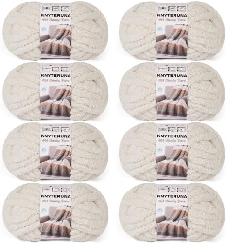 Chunky Yarn for Hand Knitting, #10 Chunky Blanket Chenille Yarn, Large Bulky Thick Jumbo Yarn, Super Chunky Knit Yarn for Crocheting, 8 Skein (8 oz 22 yds Each Skein), Beige White