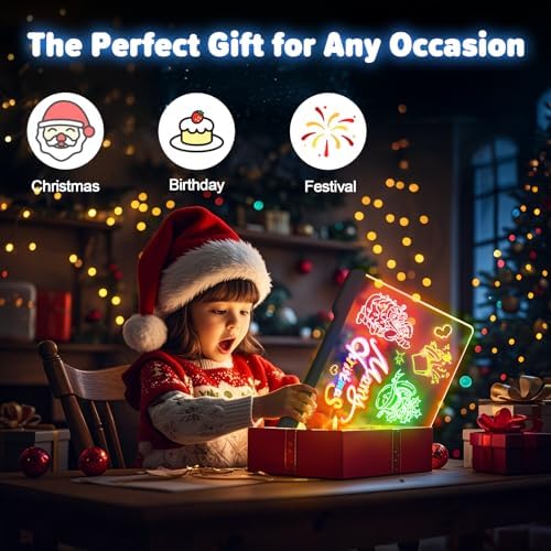 Geokay 16" Rechargeable LED Drawing Board, 9-Color Light Modes, Neon Art Dry Erase Light Up Doodle Glow Pad with Built-in Stand, Sketching Gift Toy for Kids/Girls/Teens, 7 Markers & Tracing Book