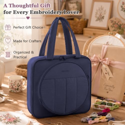 Puffy Embroidery Project Bag, Quilted Embroidery Floss Organizer for Hoops up to 11", Cross Stitch Project Storage Case for Needlepoint Project, Thread & Stitch Tools