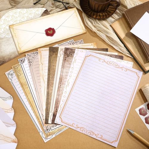 TaoBary 160 Pcs Stationery Paper Set 50 Double Sided Stationery Papers with 50 Matching Envelopes and 60 Round Dot Sticker, 10 Design(Retro,8.5 x 11 Inch)