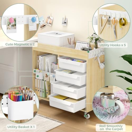 SYKIARIOL Craft Organizers and Art Supply Storage, Art Cart, Classic White | Rolling Cart with 4 Drawers & Metal Pegboard, Cute Macaron Color Magnets for Craft Room, Office, Classroom