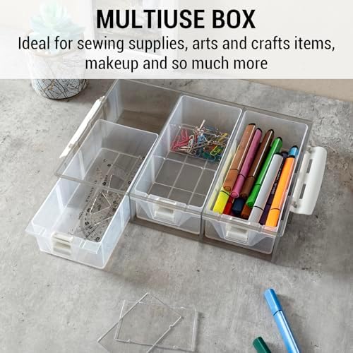 MyGift Single Stackable Tray, Add-on for 11 Inch Smoke Gray Transparent Arts & Crafts Storage Box, 9 Compartment Sewing Supplies Organizer with 3 Drawers and Removable Dividers
