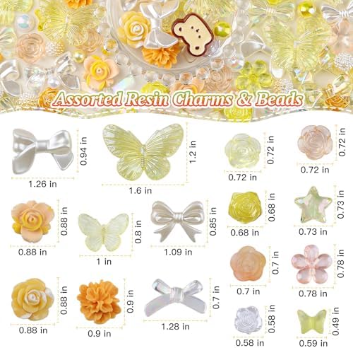 350 Pieces 3D Resin ABS Colorful Rose Flower Bows Butterfly Charms with Flatback Half Round Pearl Beads for Bracelet Earring Necklace Craft DIY Making Supplies