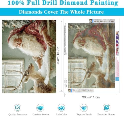 Christmas Diamond Painting Kit for Adults, Santa Claus Diamond Art Kits for Adults Beginners, DIY Full Round Drill Reindeer Diamond Dots Art Painting Crafts Kits for Home Wall Decor 12x16 Inch