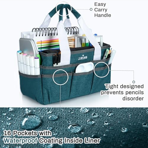 JJRING Craft Organizer Tote Bag Art Storage Caddy Bluish Green | With Multiple Pockets For Sewing, Scrapbooking, School, Medical, And Office Supplies