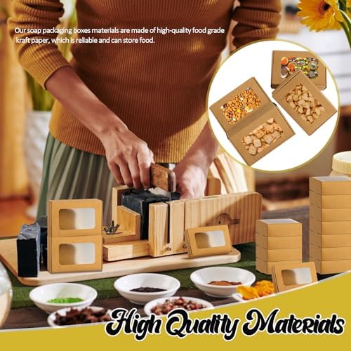 RYKOMO 40 PCS Soap Boxes for Homemade 3.55 x 2.4 x 1.2 Inch Small Soap Paper Box Mini Kraft Treat Box with Window for Homemade Soap Packaging Boxes Supplies