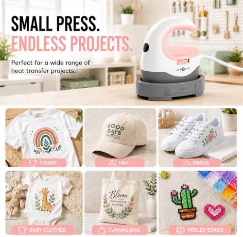 HTVRONT Heat Press Mini Heat Press Machine, Mini Iron for Crafts | Heats Up Quickly & 3 Heat Setings, Perler Beads Iron, Small Heat Press Machine for T Shirts, Hats