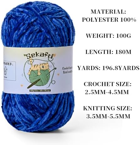 3 Pack of 300g (590yds) Fuzzy Chenille Yarn for Crocheting,Fluffy Amigurumi Crochet Yarn for DIY Craft/Hat/Clothes, Soft Velvet Baby Blanket Yarns（3 Royal Blue）