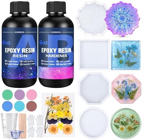 KISREL Epoxy Resin Kit for Beginners, 12OZ Resin Kit with Silicone Coaster Molds, Complete Accessories Include Mica Powders, Dried Flowers, Measuring Cups and Other Resin Supplies for DIY