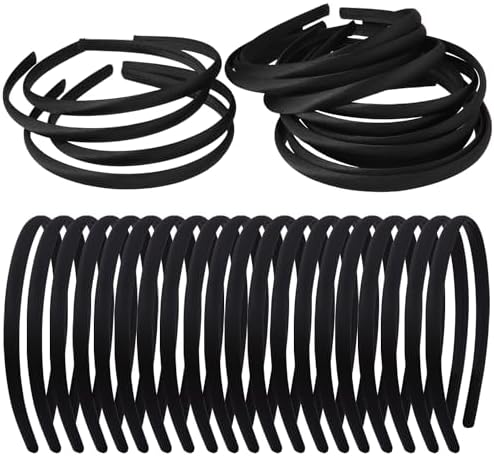 20 PCS Black Satin Covered Headbands for Girls Women Christmas Plain DIY Craft Head bands Plastic Thin Headband for Women(Black)