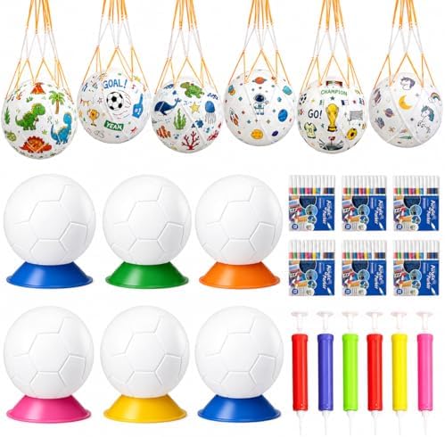 6 Set Paint Your Own Soccer Ball Kit, Blank White Inflatable Soccer Balls with Acrylic Markers, Pumps, Display Stands and Hanging Nets, DIY Soccer Ball Craft Set for Team Events and Party Activities