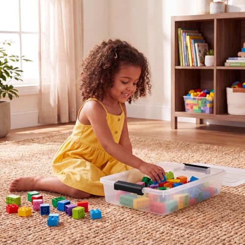 6 Qt Clear Storage Bins with Lids,Sensory Bins,Stackable Plastic Containers with Secure Latches,Multi-Purpose Classroom Storage Organizer for Craft Supplies,Paper & Office Stationery,4 Pack,Black