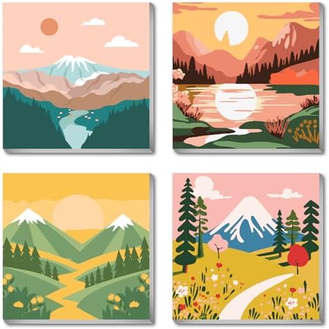 FQOVKYN 4 Packs Paint by Numbers Kit for Adults with Frame, DIY Landscape Adult's Paint by Number on Canvas, Mountain Oil Painting Kits for Home Wall Decor 8x8 Inch