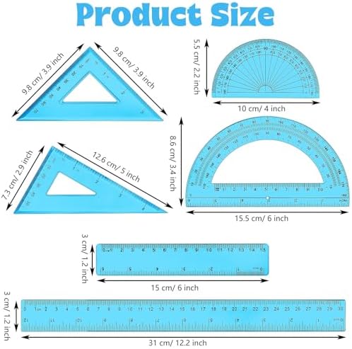Tenare 6 Pcs Math Geometry Ruler Set, Protractor Triangle School,Blue