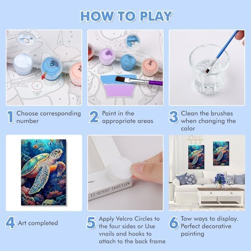 Bowetile Framed Paint by Numbers Sea Turtle for Adults Beginners, Adults' Paint-by-Number Kits, Easy Adult Paint by Number Kits on Canvas, Acrylic Animals Number Painting for Home Decor, 8x12in