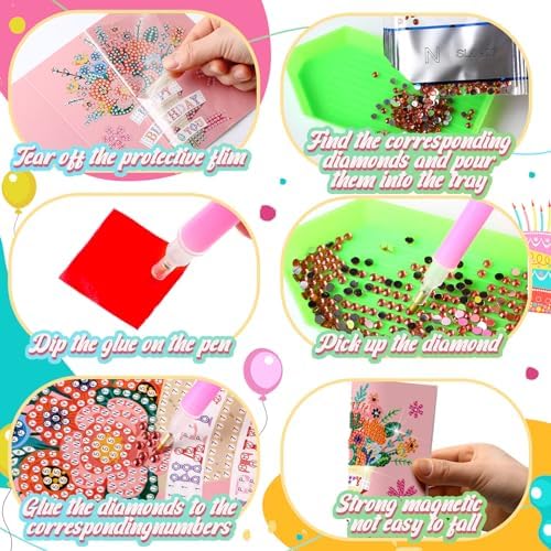 Saillong 12 Pack Happy Birthday Diamond Painting Greeting Card Kits DIY Diamond Art Cards with Envelopes Birthday Cake 5d Rhinestones Painting Kits for Adults DIY Crafts Family Friend Gifts
