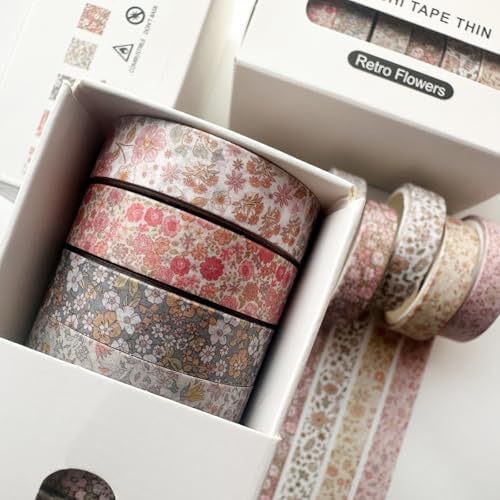 Vintage Washi Tape Set 8 Rolls Thin Retro Decorative Antique Patterns Masking Tapes for Arts, DIY Crafts, Journals, Planners, Scrapbook, Wrapping (Little Flowers)