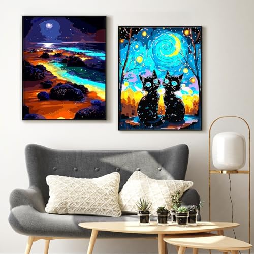 Yunnuo Paint by Numbers Kit for Adults, Seaside Night Scene Adult Paint by Number Kits on Canvas, DIY Beach Number Painting for Wall Decoration Festival Gifts 16"x20"(Glowing Sea Water& Moon)