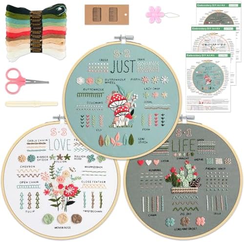 3 Sets Embroidery Kit for Beginners to Learn 36 Basic Embroidery Stitches Practice Kit,Hand Embroidery Cross Stitch Kits for Beginners with Embroidery Patterns, Hoop,Threads,Tools