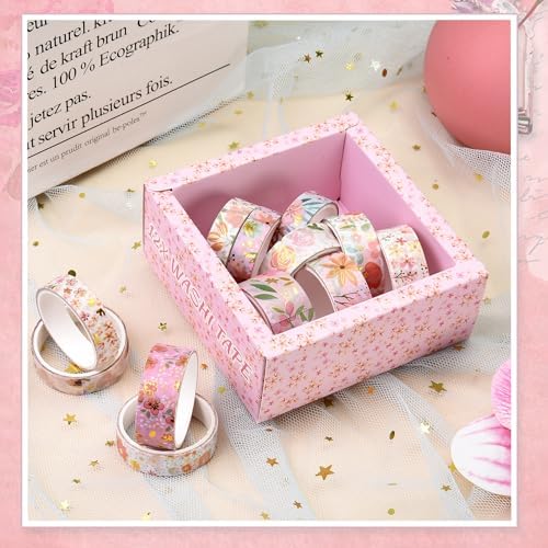 Washi Tape Set, Floral Washi Stickers, 12 Rolls Assorted Sizes, for Junk Journal Scrapbook Tape, Bullet Journaling Scrapbooking Supplies, Planner Sticker DIY Craft DéCor (Pink)