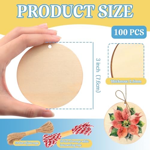 FSWCCK 100 PCS 3 Inch Wood Circles for Crafts – Round Blank Discs with Holes, Unfinished Wooden Cutouts for DIY, Painting, Staining, Coasters,Laser Engraving Sign Blanks, Ornament (3inch-100 Pack)