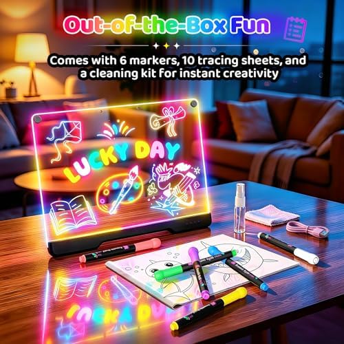 LED Drawing Board with 9 Light Effects, Rechargeable 16" Glow Doodle Note Message Board with Colors, Neon Light Up Drawing Pad Gift Ideas for Kids, Birthday, Christmas with Markers & Tracing Book