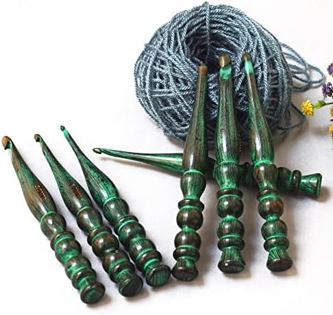 Handmade Ergonomic Wooden Crochet Hooks for Arthritic Hands (Set of 7) Needles for Yarn Accessories | Size 4 mm to 10 mm with Engraved | Yarn Tool (Green)