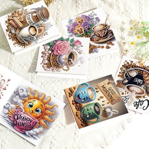 AiYuanzsh 6 Packs Diamond Art Painting Greeting Card Kits with Laser Effect Special Shaped Diamond Art Greeting Cards Arts Crafts for Christmas Birthday Thanksgiving Day Holiday (Coffee, 30x15cm)