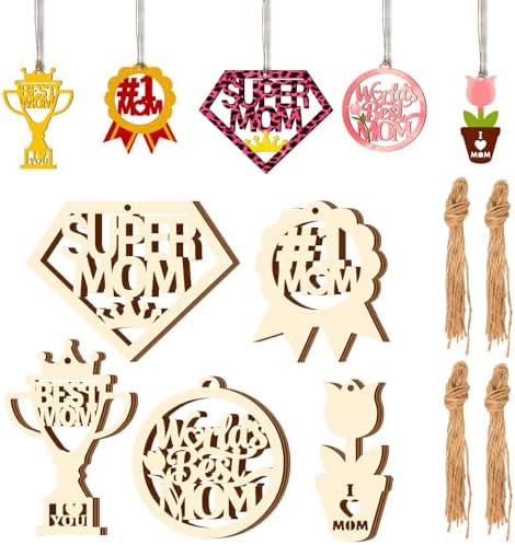 Mom Gift 40Pcs 5 Style Unfinished Wooden Mother's Day Ornaments DIY Craft Mother Birthday Present Paintable Blank Natural Mum Cutouts Hanging Wood Slices for Kids Art Crafts DIY Gift for Mom