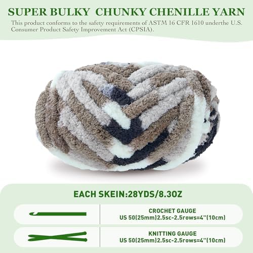 Bulky Chunky Yarn for Hand Knitting Blanket – #10 Jumbo Knitting Yarn, 1 Inch Thick Chenille Jumbo Yarn, No Knots Soft Machine Washable, Super Bulky Yarn 4 Pack for Crochet, Arm Knitting & Crafts