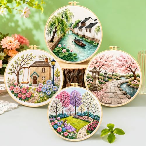 Zhenqing Landscape Embroidery Kit Set for Beginners, 4 Pack Garden & Cottage Needlework Craft Collection with Pre-Printed Cotton Fabric, Hoop, Threads & Tools(JC0285)