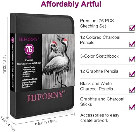 HIFORNY 76 PCS Drawing Set Sketching Kit,Sketch Pencils Art Supplies with Graphite,Charcoal,Blending Tools & Accessories,Portable Zippered Travel Case for Artists & Beginners