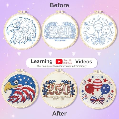 Huacan Embroidery Kit for Adults Beginners with 3 Hoops & Gift Box