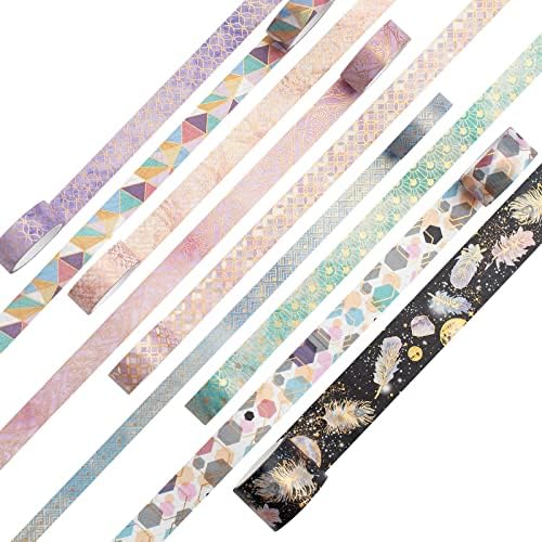 YUBBAEX Mystic Gold Washi Tape Set Wide Silver Foil Masking Tape Decorative for Arts, DIY Crafts, Journal Supplies, Planners, Scrapbook, Card/Gift Wrapping (Geometric Aesthetics)