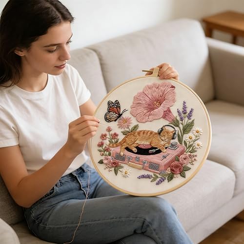 Ginger Cat Embroidery Kit for Adults, DIY Needlepoint