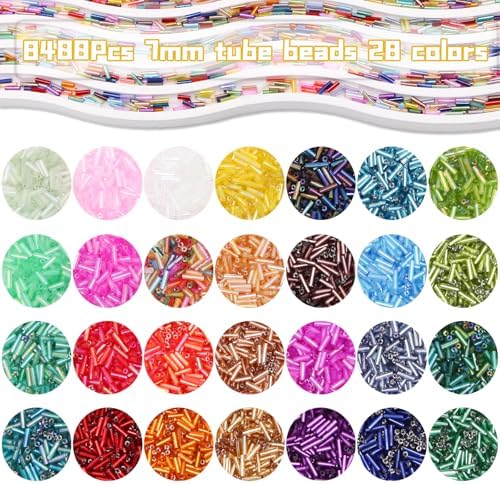 Tube Seed Beads 7mm Crafts Glass Bugle Beads with for Jewelry Making Embroidery Decoration (28 Colors, 8400pcs)