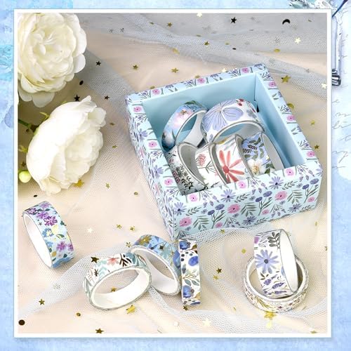 Washi Tape Set, Floral Washi Stickers, 12 Rolls Assorted Sizes, for Junk Journal Scrapbook Tape, Bullet Journaling Scrapbooking Supplies, Planner Sticker DIY Craft DéCor (Blue)