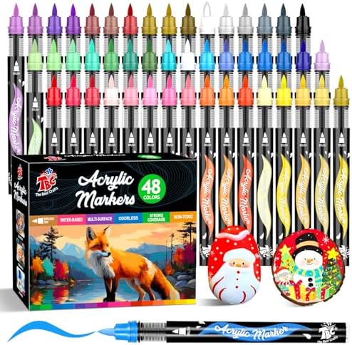48 Colors Acrylic Paint Markers Brush Tip，Automatic Ink Control，No-Bleed